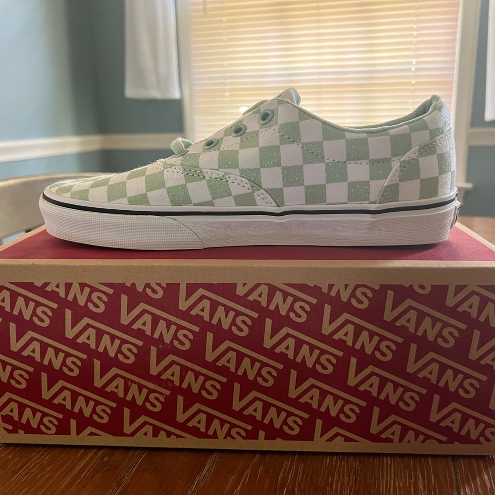 Never worn green checkered lace up vans (with box)